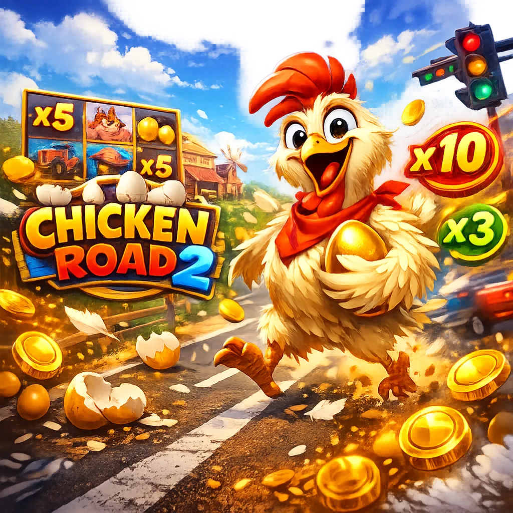 Promotional image of Chicken Road slot featuring a funny chicken, road lanes, coins, and bright crash-game energy